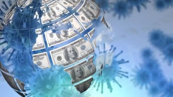 Animation Globe Formed American Dollar Banknotes Spinning Blue Macro Coronavirus — Stock Video