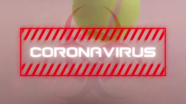テニスボールの上に赤い危険標識の上に赤いフレームで書かれた白い文字で書かれた検疫という言葉のアニメーション背景に地面にバウンス — ストック動画