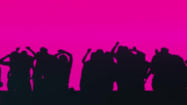 在一场音乐会上闪耀着光芒的聚光灯的动画 由一群手挽手 在粉色背景下无缝舞动的人组成的黑色轮廓 — 图库视频影像