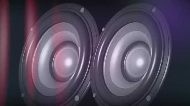 Анимация Двух Звуковых Спикеров Подпрыгивающих Гудящих Перламутровыми Прожекторами Перемещающимися Черному — стоковое видео