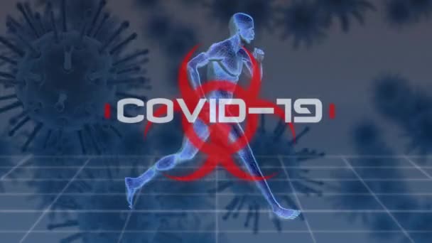Covid 19这个词的动画 用白色字母写成 Covid 19的Coronavirus细胞散布在背景下的3D人体模型上 — 图库视频影像