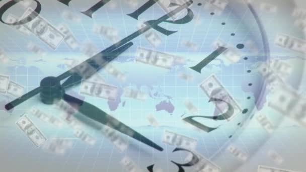 Animation Amerikanischer Dollarnoten Schweben Weltkarte Dreht Sich Uhr Bewegt Sich — Stockvideo