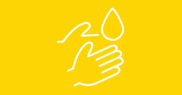 黄色の背景に手と水のドロップの白い輪郭で手洗浄の指示のデジタルイラスト 使用上の注意衛生コロナウイルスCovid 19パンデミックコンセプトデジタル生成画像 — ストック写真