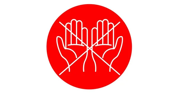 白い背景に赤い丸で交差した手の白い輪郭のデジタルイラスト 使用上の注意衛生コロナウイルスCovid 19パンデミックコンセプトデジタル生成画像 — ストック写真