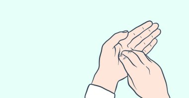 Soluk mavi arka planda el yıkama talimatlarının dijital çizimi. Temizlik önlemi hijyen koronavirüsü Covid-19 pandemik konsept dijital olarak oluşturuldu.