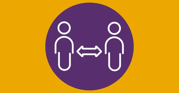Digital illustration of white outline of two people social distancing and standing at safe distance over purple circle on orange background. Precaution social distancing safety hygiene coronavirus Covid-19 pandemic concept digitally generated image.