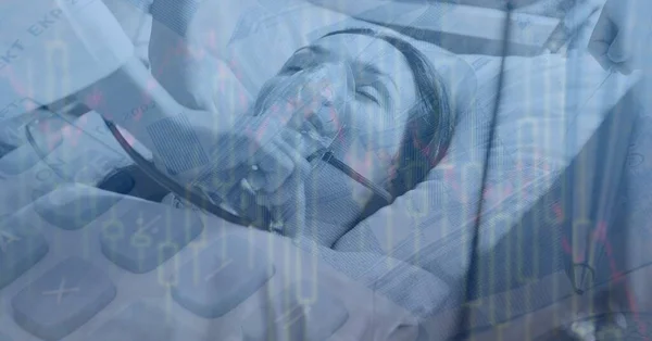 Digitális Illusztráció Egy Kórházi Ágyban Fekvő Női Betegről Aki Oxigénmaszkot — Stock Fotó
