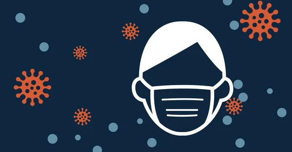 顔のマスクを身に着けている男の絵文字でデジタルイラストオレンジコロナウイルス感染から保護Covid 19細胞が青の背景に広がって — ストック写真