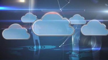 Bulutların animasyonu, iş adamlarının ve iş kadınlarının mavi siluetleri, veri işleme ve dijital bilginin arka plandaki dünya haritası ile bağlantı ağı üzerinden akışı.