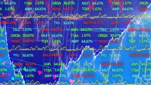 用绿色和蓝色的股票市场数字和图表对股票市场进行动态显示 在蓝色背景的证券交易所记录数据上价格上下波动 — 图库视频影像