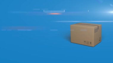 Mavi arka planda parlayan ışık izleri olan bir yere düşen karton kutunun animasyonu. Küresel e-ticaret alışverişi çevrimiçi işlemler konsepti dijital bileşik.