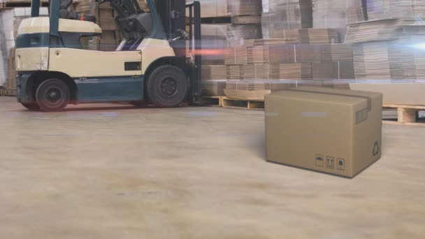 상자가 마분지 바닥에 떨어지는 애니메이션 창고에 상자와 꾸러미로 산책로 글로벌 — 비디오