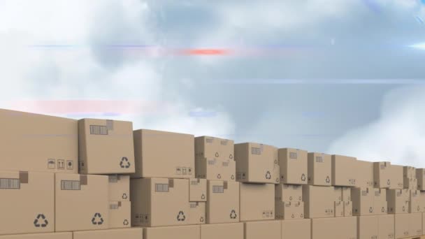 Animation Stacked Multiple Cardboard Boxes Moving Conveyor Belt White Clouds — Stock Video