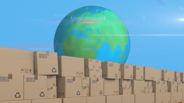 在传送带上移动的多个堆积起来的纸板箱的动画 全球在蓝色背景上旋转 全球电子商务购物在线交易概念数字生成的图像 — 图库视频影像
