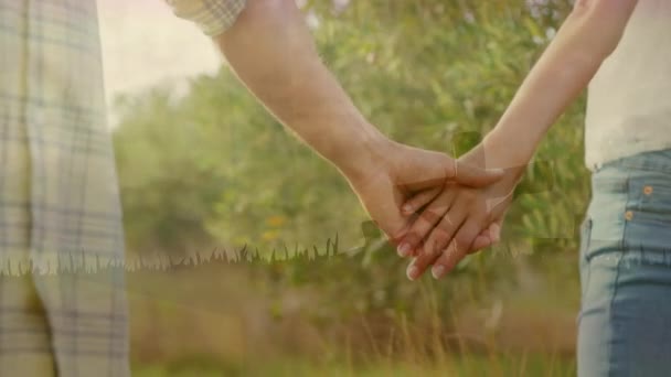 Animation Couple Holding Hands Standing Together Green Field Countryside Silhouettes — Stock Video