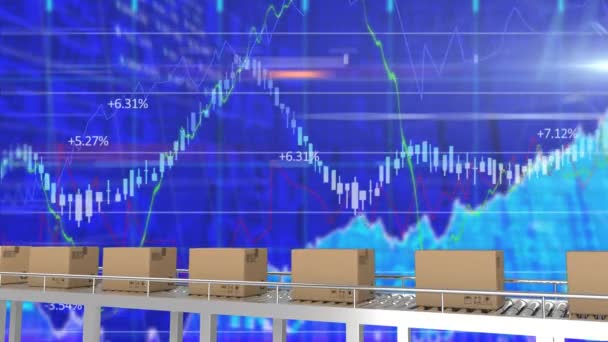 Animation Cardboard Boxes Conveyor Belt Stock Market Display Green Blue — Stock Video