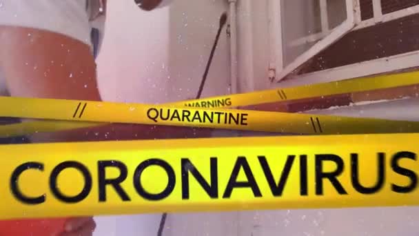 Animation Words Warning Quarantine Coronavirus Written Black Letters Yellow Tape — Stock Video