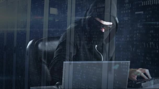 Animation Hooded Man Hacking Computer Wearing Glasses Face Mask Επεξεργασία — Αρχείο Βίντεο