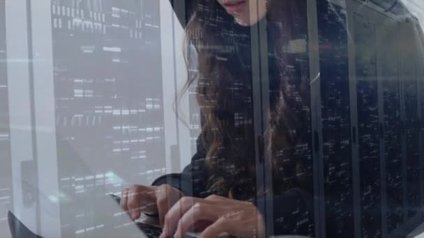 Animation Hooded Woman Hacking Computer Data Processing Digital Information Flowing — Αρχείο Βίντεο