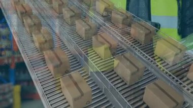 Bir depoda veri işleme bantlarının üzerinde kutular bulunan bir depo çalışanının canlandırılması, arka planda istatistikler gösteriyor ki.... 