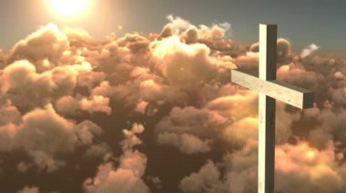 Hıristiyan animasyonu turuncu bulutların üzerinden geçiyor ve arka planda mavi gökyüzünde güneş parlıyor. Paskalya dini kavramı dijital olarak oluşturulmuş görüntü.