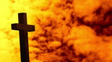 Hıristiyan animasyonu, arka planda hızla hareket eden turuncu bulutların üzerinden geçiyor. Paskalya dini kavramı dijital olarak oluşturulmuş görüntü.
