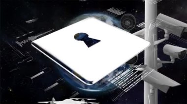 Çevrimiçi güvenlik asma kilit simgesi, küresel döndürme, insansız hava aracı uçuşu ve kaydı, CCTV kameralarının hareket etmesi, veri işleme ve bilgisayar bağlantıları ağının karanlık arka planda akışı. 