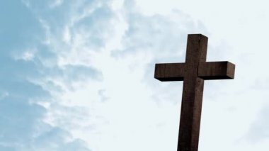 Ahşap Hıristiyan siluetinin animasyonu gökyüzündeki mavi bulutların üzerinden geçerek arka planda hızla hareket ediyor. Paskalya dini kavramı dijital olarak oluşturulmuş görüntü.