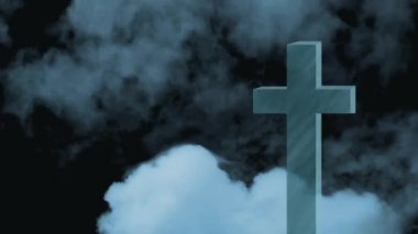 Arka planda mavi gökyüzünde hızlı hareket eden beyaz bulutların üzerinde Hristiyan haçı animasyonu. Paskalya dini kavramı dijital olarak oluşturulmuş görüntü.