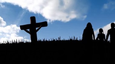 Hıristiyan haçı siluetinin animasyonu ve kızı mavi gökyüzünde beyaz bulutların üzerinde el ele tutuşan ve arka planda çimen tarlası olan bir çift. Paskalya dini kavramı dijital olarak oluşturulmuş görüntü.