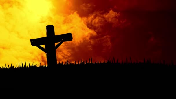 背景中 在黄色和橙色的天空中 基督教十字架的轮廓在快速移动 复活节宗教信仰概念数字生成的图像 — 图库视频影像