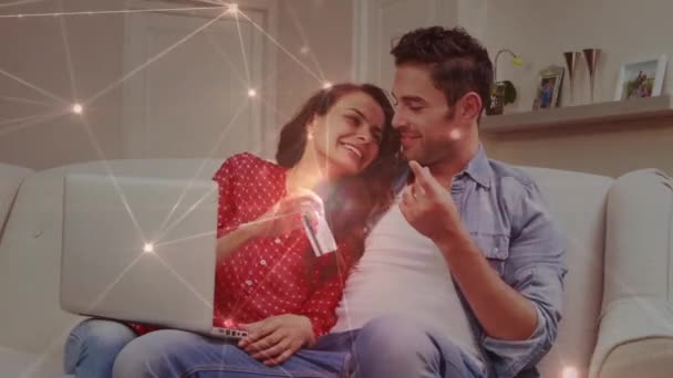 Animation Caucasian Couple Sitting Couch Using Digital Tablet Holding Credit — Stock Video
