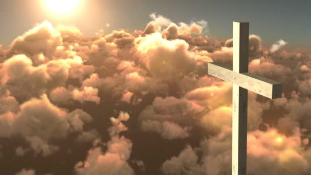 Animation Christian Cross Orange Clouds Sun Shining Blue Sky Background — Stock Video