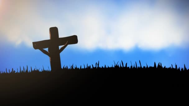在蓝天的白云之上和背景的草地之上 勾勒出基督教十字架的轮廓 复活节宗教信仰概念数字生成的图像 — 图库视频影像