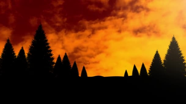 Animation Orange Yellow Clouds Moving Fast Motion Black Silhouettes Trees — Stock Video