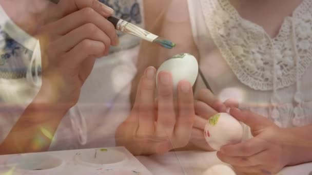 Animation Mother Daughter Painting Decorating Easter Eggs Together Glowing Spotlights — Stock Video