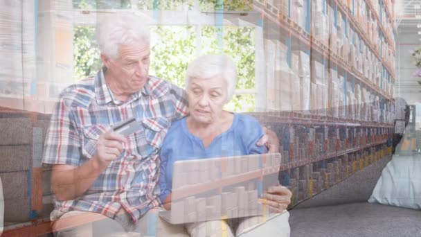 Animation Senior Caucasian Couple Sitting Couch Using Laptop Warehouse Background — Stock Video