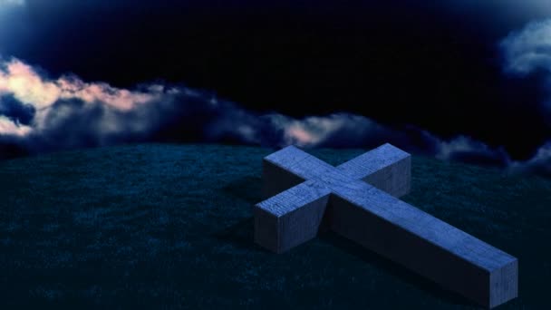 Animace Dřevěného Křesťanského Kříže Ležícího Travnatém Poli Bílými Mraky Obloze — Stock video