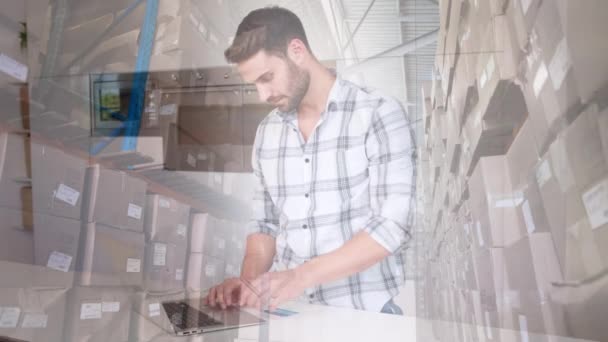 Animation Caucasian Man Using Laptop Holding Credit Card Warehouse Background — Stock Video