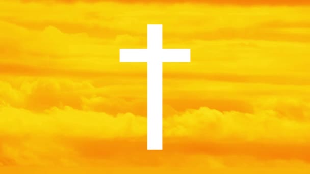 Beyaz Hristiyan siluetinin animasyonu turuncu ve sarı bulutların üzerinden geçerek arka planda hızla hareket ediyor. Paskalya dini kavramı dijital olarak oluşturulmuş görüntü.