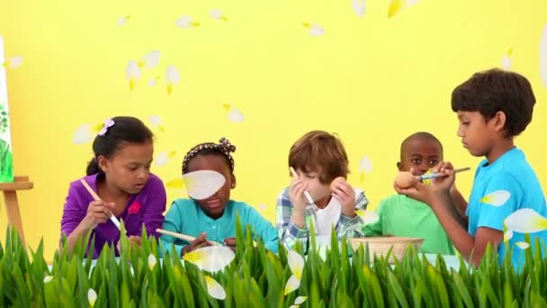 Animering Multietnisk Grupp Barn Måla Och Dekorera Påskägg Tillsammans Med — Stockvideo