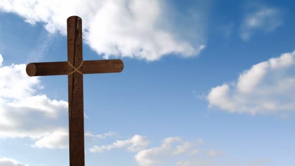 Animation de silhouette de croix chrétienne en bois sur des nuages bleus sur le ciel se déplaçant en mouvement rapide en arrière-plan. Religion de Pâques concept de foi image générée numériquement .