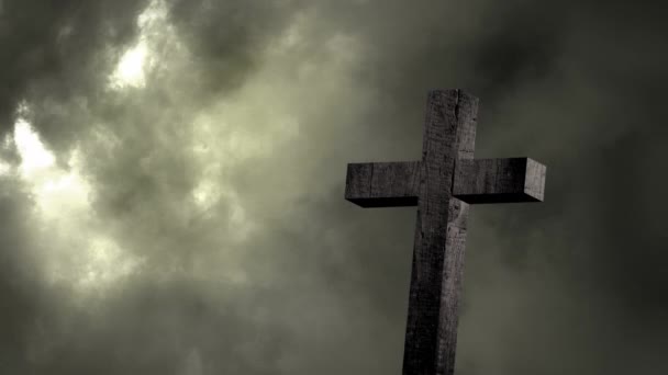 Animace Dřevěného Křesťanského Kříže Přes Blesky Bouřlivé Mraky Pohybující Obloze — Stock video