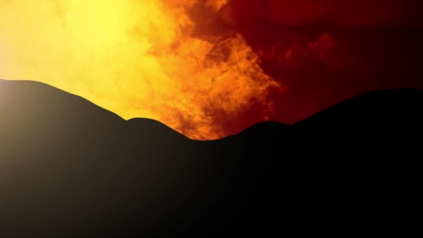 オレンジ色と黄色の雲のアニメーションは 日没時に山と田舎の風景の上にシームレスなループで高速運動に移動します 動きと色の概念デジタル生成画像 — ストック動画