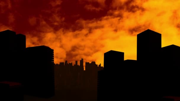 オレンジと黄色の雲のアニメーションは 日没時に近代的な街並みのシルエットの上にシームレスなループで高速動作に移動します 動きと色の概念デジタル生成画像 — ストック動画