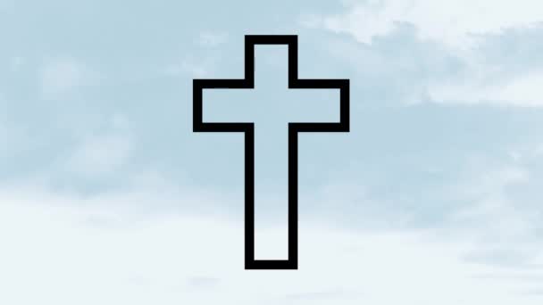 Animación Del Contorno Negro Cruz Cristiana Sobre Nubes Azules Cielo — Vídeo de stock