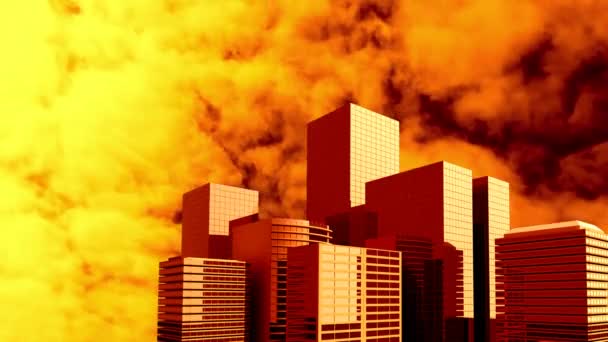 Animation Orange Yellow Clouds Moving Fast Motion Digital Modern Buildings — Stock Video