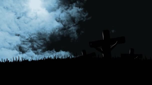 Animación Siluetas Tres Cruces Cristianas Sobre Nubes Blancas Que Mueven — Vídeos de Stock