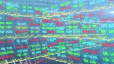 Hisse senedi piyasasının rakamlar ve grafiklerle canlandırılması, arkaplandaki veri kaydı üzerinden borsada fiyatların yükselmesi ve düşmesi. Finans sektörü borsası küresel veri işleme kavramı dijital olarak oluşturulmuş görüntü.