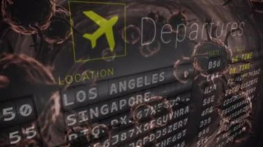 Havaalanı uçuş panosuna yayılan makro koronavirüs Covid-19 hücrelerinin animasyonu.. 